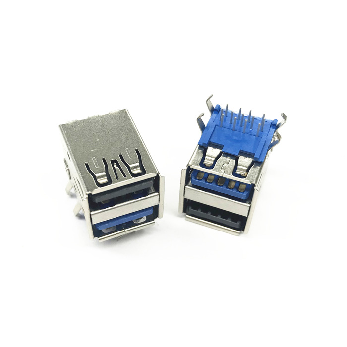 双层USB 90度 DIP 上2.0下3.0 PBT蓝色环保防火 SUS201外